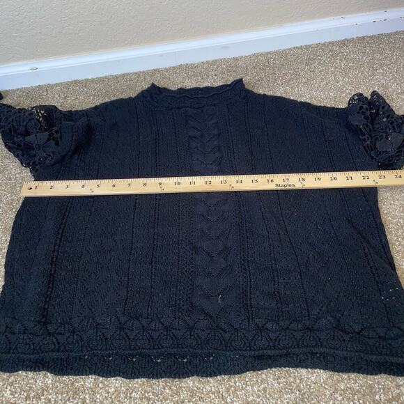 Fashion delicate crochet flower loose black sweater puff sleeve flared SZ XL - Picture 9 of 14